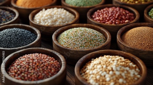 Assorted Colorful Grains and Seeds in Wooden Bowls Displayed on a Rustic Wooden Table