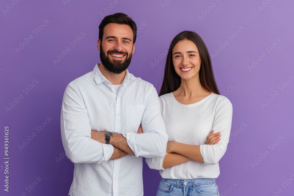 Photo of confident positive married couple wear shirts arms crossed smiling isolated violet color background with generative ai Photo of confident positive married couple wear shirts arms crossed smiling isolated violet color background with generative ai