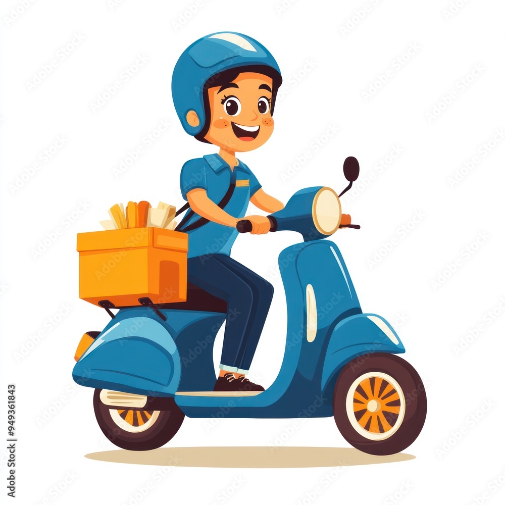 Happy Delivery Person Illustration Riding Blue Scooter Happy Delivery Person Illustration Riding Blue Scooter