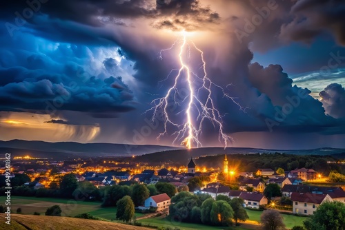 A lightning bolt illuminates the dark sky above a rural town, casting an otherworldly glow photo