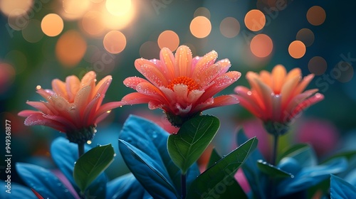a group of flowers with green leaves.
