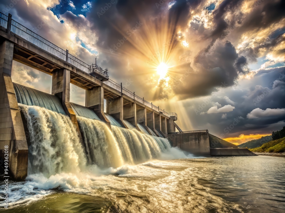 A low-angle shot of a towering floodgate, with water cascading down its face, and a sunbeam breaking through the clouds, casting a warm glow on the scene. A low-angle shot of a towering floodgate, with water cascading down its face, and a sunbeam breaking through the clouds, casting a warm glow on the scene.