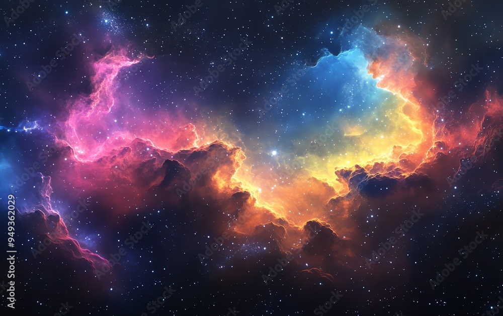 Vibrant nebulae glow in a vast cosmic landscape. Vibrant nebulae glow in a vast cosmic landscape.