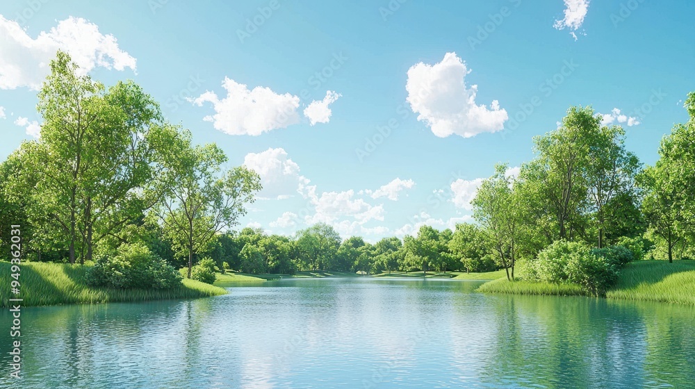 Tranquil Summer Lake Scene with Lush Greenery and Blue Sky Tranquil Summer Lake Scene with Lush Greenery and Blue Sky