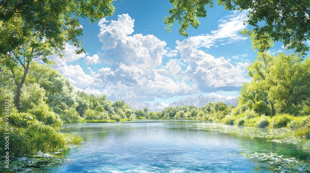 Tranquil River Landscape with Green Trees and Blue Sky Tranquil River Landscape with Green Trees and Blue Sky