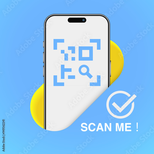 Smartphone QR Code Scan Me Template for App Screenshots. Ideal for Landing Pages, UI, Web, Mobile Apps, Banners and Flyers. Vector Illustration for QR Verification.