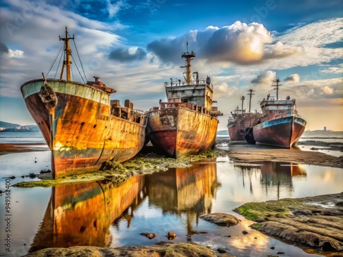Rusting hulks of retired oil tankers, half-submerged in the mudflats of a neglected port, their once-bright paint jobs faded to a dull, rusty patina.