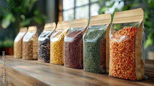 Colorful Assortment of Organic Grains and Pulses in Eco-Friendly Packaging on Wooden Table in Modern Kitchen photo