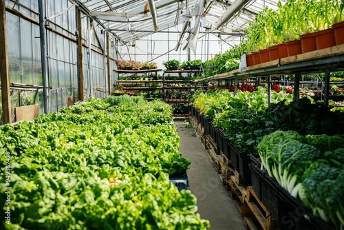 Vertical farm inside a repurposed warehouse, filled with rows of fresh vegetables. The space is optimized for urban agriculture, Generative AI