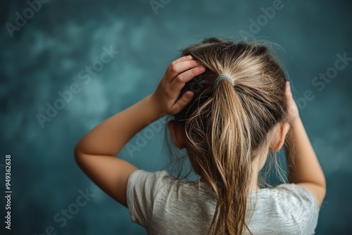 A girl is scratching his itchy head , Childhood lice, Unclean hair and scalp , Generative AI photo