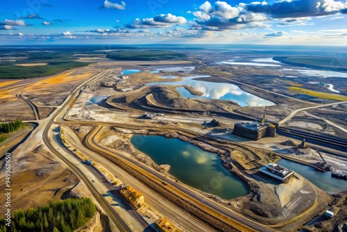 Aerial view of a massive oil sands mine in Canada, with sprawling tailings ponds and heavy machinery in the distance, emphasizing the scale of fossil fuel extraction.