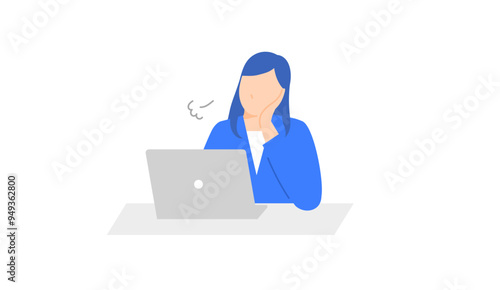 PCを前に頬杖をついてため息をするビジネスパーソンの女性のイラスト