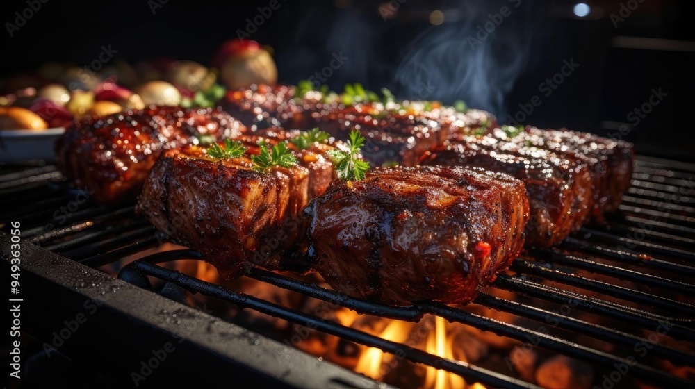 Realistic grilled barbeque with melted barbeque sauce and cut vegetables, black and blur background Realistic grilled barbeque with melted barbeque sauce and cut vegetables, black and blur background