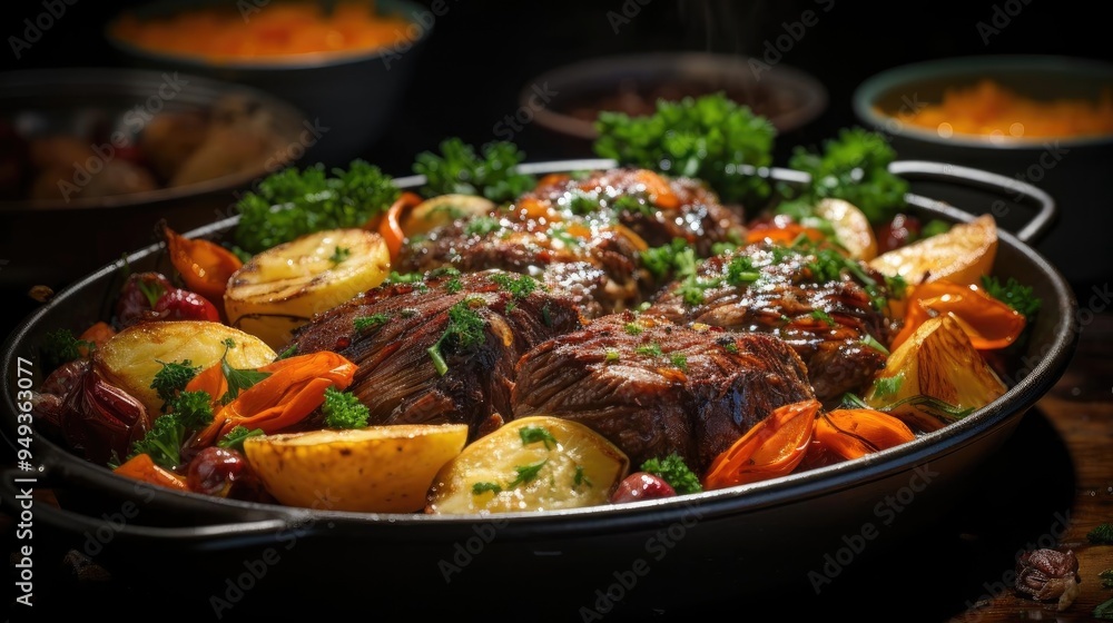 delicious pot roast meat with black and blur background delicious pot roast meat with black and blur background