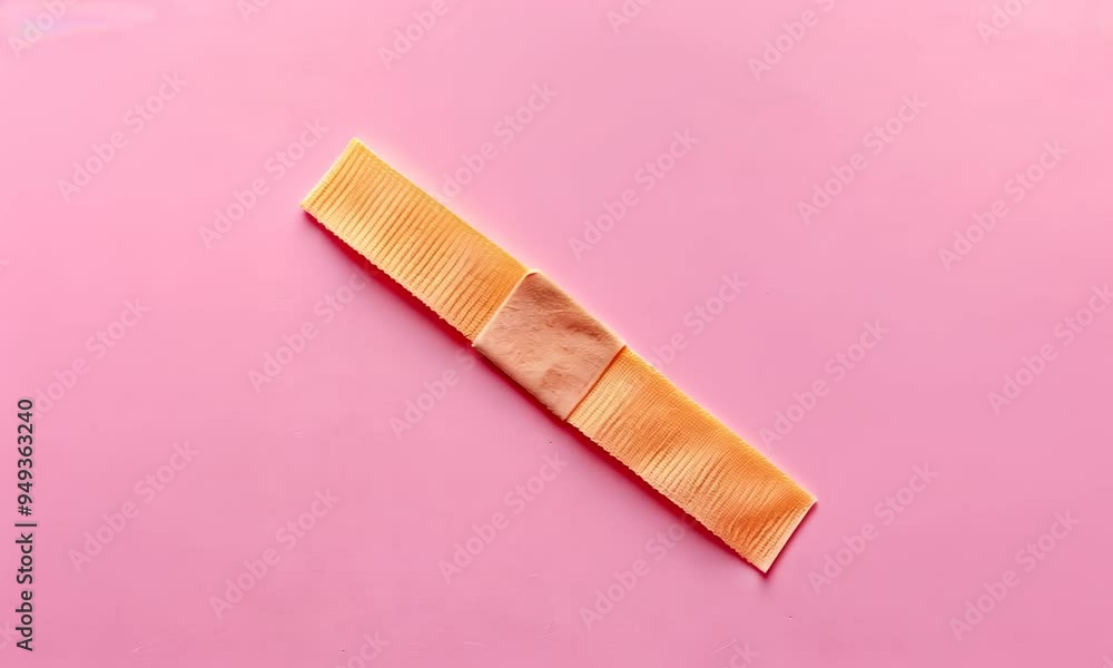 Single adhesive bandage placed diagonally on plain pink background Single adhesive bandage placed diagonally on plain pink background