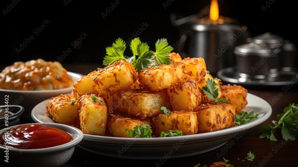 Crispy tater tots with savory salty spices with black and blur background Crispy tater tots with savory salty spices with black and blur background
