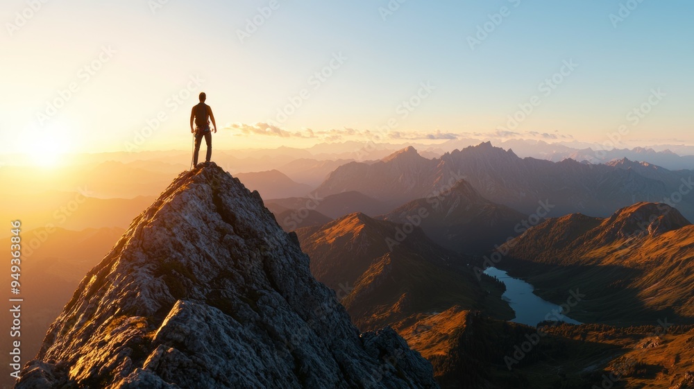 A man stands on a mountain top, looking out over a beautiful landscape A man stands on a mountain top, looking out over a beautiful landscape