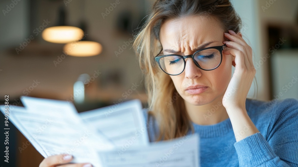 A woman is looking at a stack of papers with a worried expression on her face A woman is looking at a stack of papers with a worried expression on her face