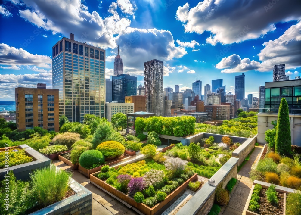 Rooftop garden overflowing with vibrant greenery, surrounded by city skyscrapers and a bright blue sky with puffy white clouds Rooftop garden overflowing with vibrant greenery, surrounded by city skyscrapers and a bright blue sky with puffy white clouds