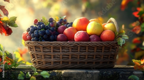 Basket of Fresh Fruits in Autumn Setting with Grapes, Apples, and Oranges in Sunlight