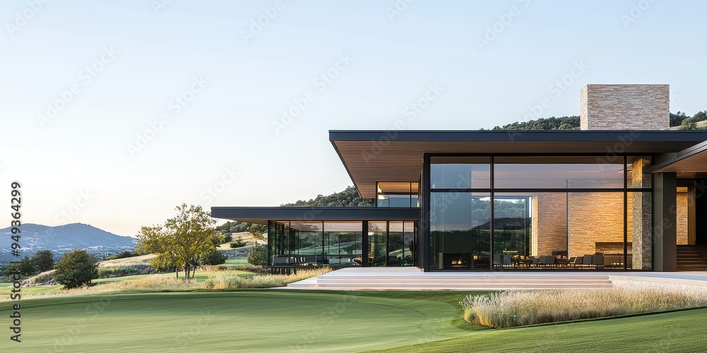 Modern House with Stone Fireplace and Golf Course View Modern House with Stone Fireplace and Golf Course View