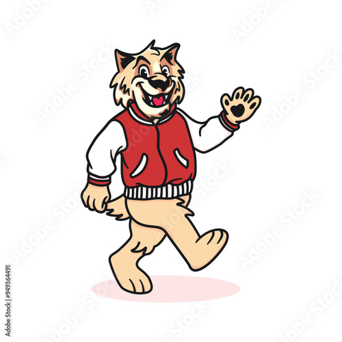 Friendly School Wildcat Bobcat Walking Waving Hand Cartoon Icon Illustration Education Isolated Vector