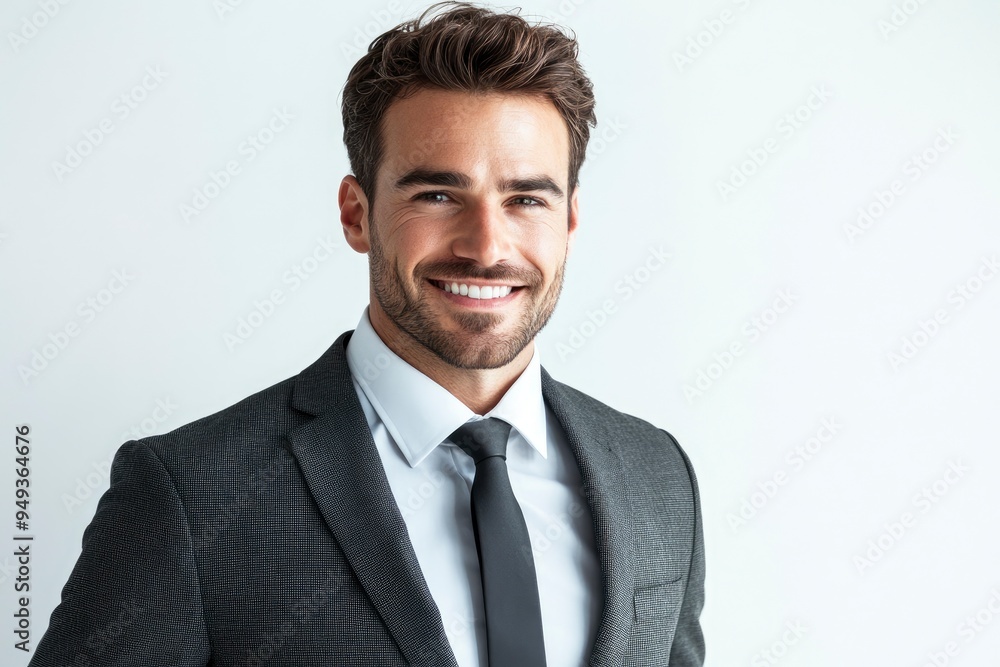 Portrait of handsome caucasian man in formal suit looking at camera smiling with toothy smile isolated in white background. Confident businessman ceo boss freelancer manager with generative ai Portrait of handsome caucasian man in formal suit looking at camera smiling with toothy smile isolated in white background. Confident businessman ceo boss freelancer manager with generative ai
