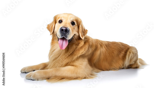 Golden Retriever puppy sitting on a white background, showcasing its adorable and happy expression, highlighting its beautiful fur and purebred characteristics