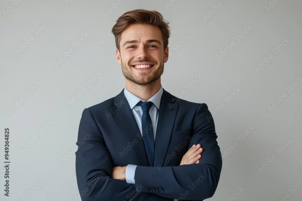 Portrait of handsome caucasian man in formal suit looking at camera smiling with toothy smile isolated in white background. Confident businessman ceo boss freelancer manager with generative ai Portrait of handsome caucasian man in formal suit looking at camera smiling with toothy smile isolated in white background. Confident businessman ceo boss freelancer manager with generative ai