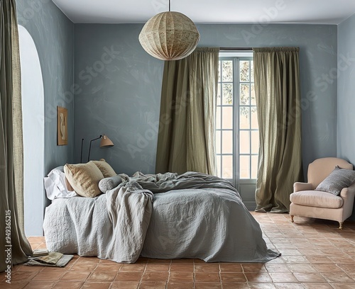 Blue-gray shades, terracotta base, olive green curtains, gentle pastel bed, reading corner chair, pendant light. photo