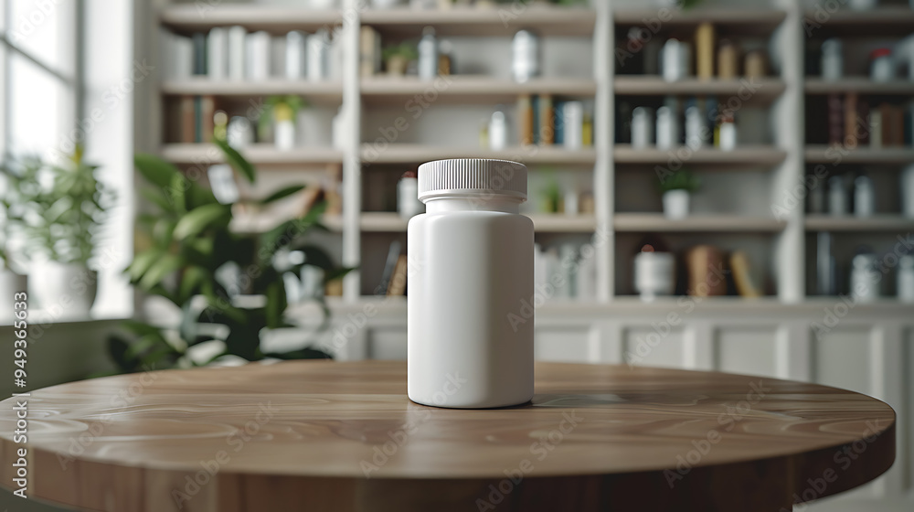 A white pill bottle sits on a wooden table in a modern home, with a bookshelf in the background. A white pill bottle sits on a wooden table in a modern home, with a bookshelf in the background.