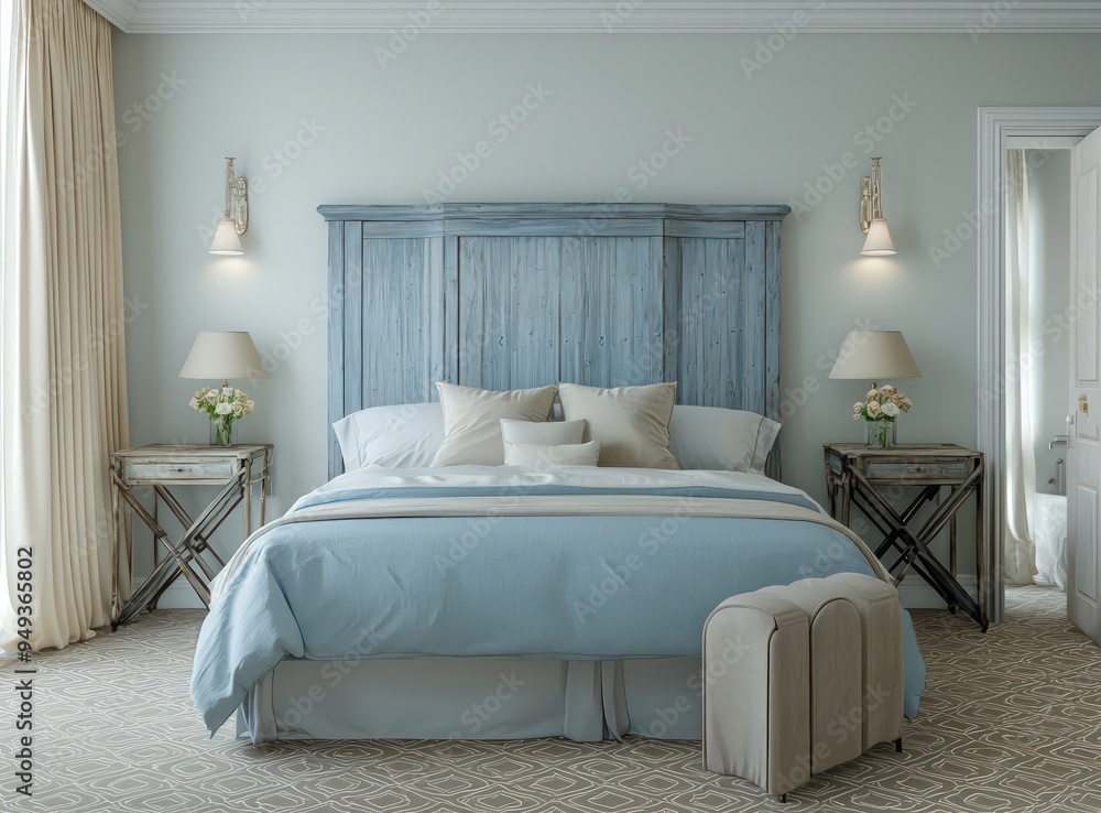 Fototapeta premium Calm setup with light blue headboard, soft lighting, and a folding screen.