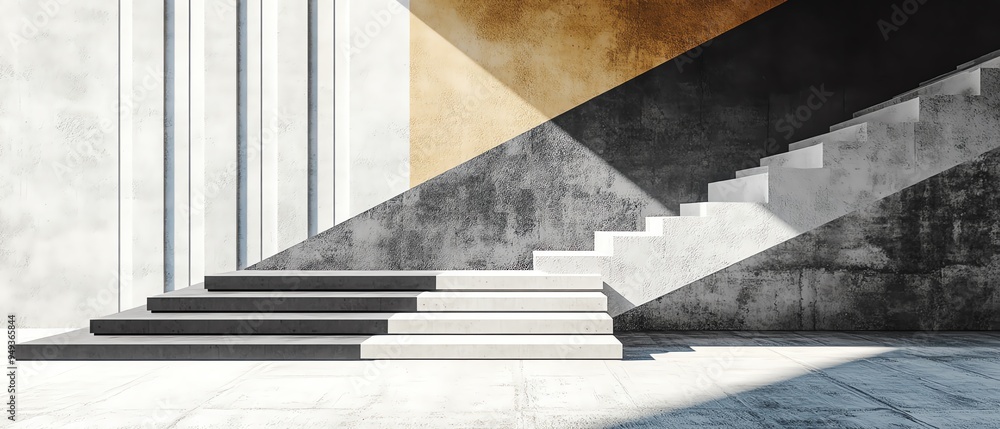 Fototapeta premium Modern concrete staircase with geometric design elements.