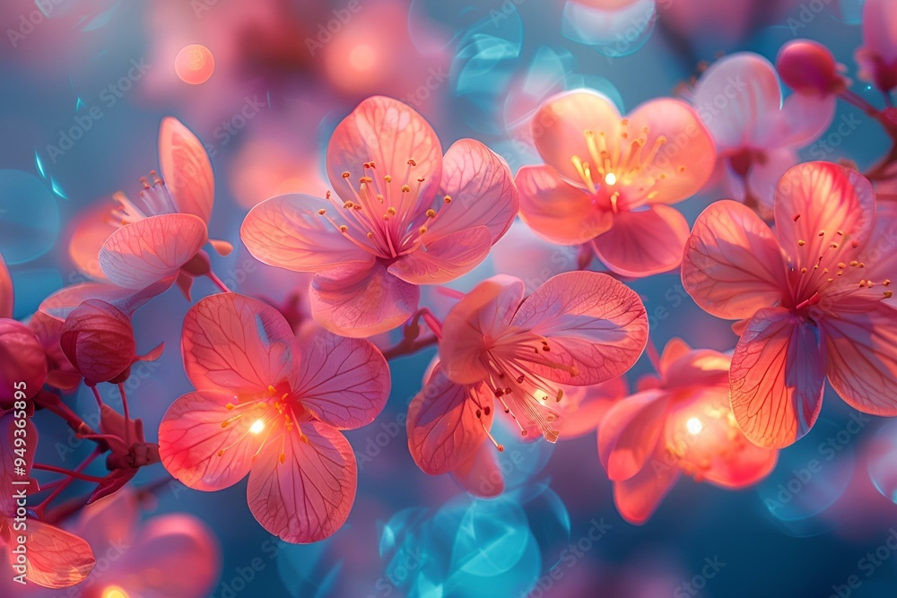 a close up of pink flowers on blue background. a close up of pink flowers on blue background.