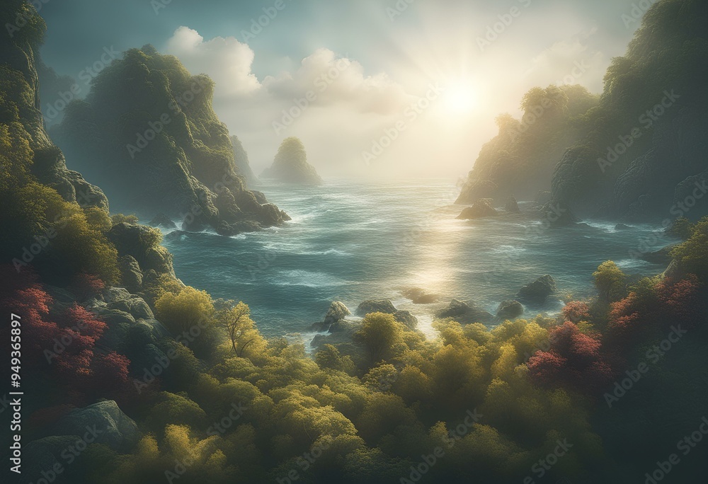 Sunrise over tranquil waters with lush foliage and rocks Sunrise over tranquil waters with lush foliage and rocks