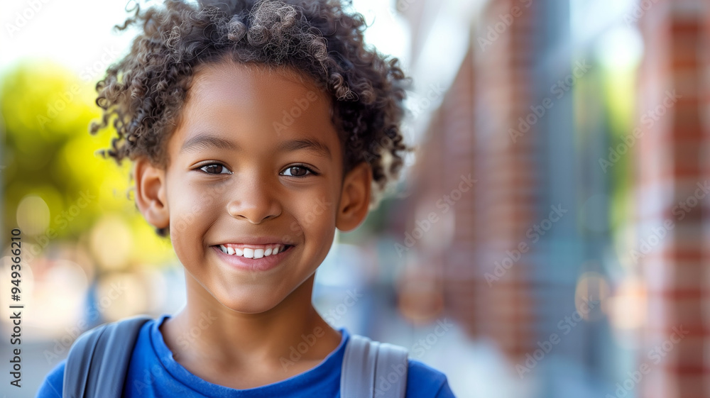 A young boy with curly hair is smiling and wearing a blue shirt A young boy with curly hair is smiling and wearing a blue shirt