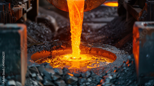 A large, fiery stream of molten metal is pouring out of a large, black container photo