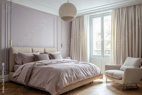 Minimal lilac bedroom with wood floor, cream drapes, pastel bed, and sleek pendant lighting.