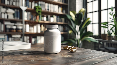 A white pill bottle sits on a wooden table with a few pills scattered nearby. The bottle is blank, ready for your own label.