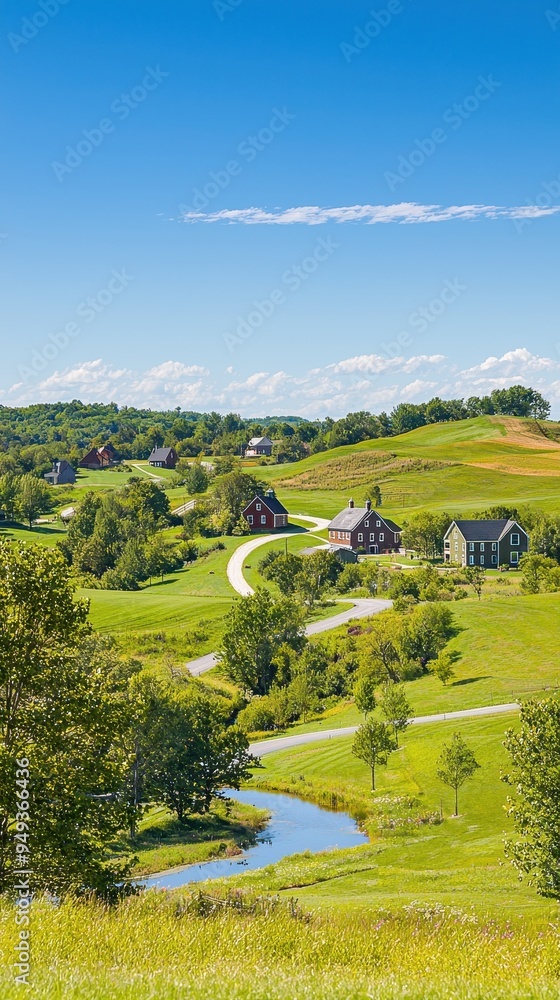 Obraz premium Countryside Farm Houses Green Grass River Blue Sky Scenic Landscape