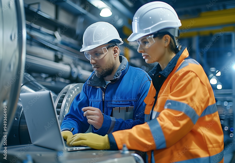 Two workers in safety gear are looking at a laptop computer Two workers in safety gear are looking at a laptop computer
