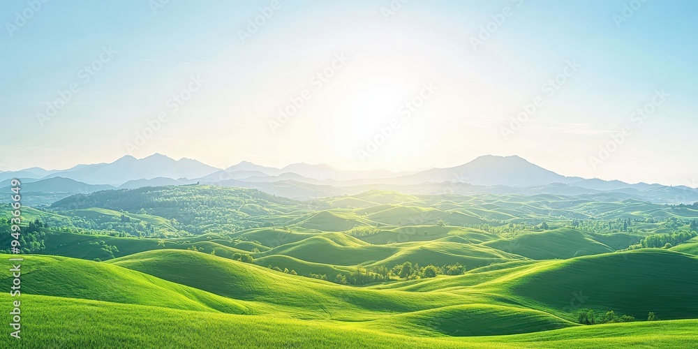 Rolling Green Hills and Mountains Landscape at Sunset Rolling Green Hills and Mountains Landscape at Sunset