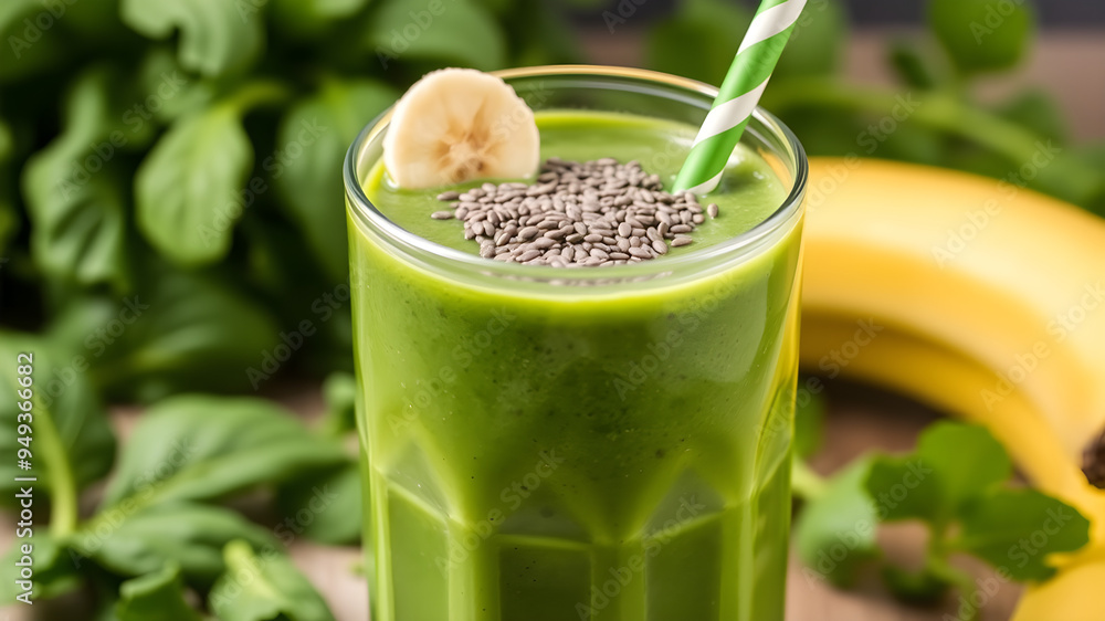 Freshly blended green smoothie with spinach, banana, and chia seeds, nutrient-packed drink, brain health benefits.