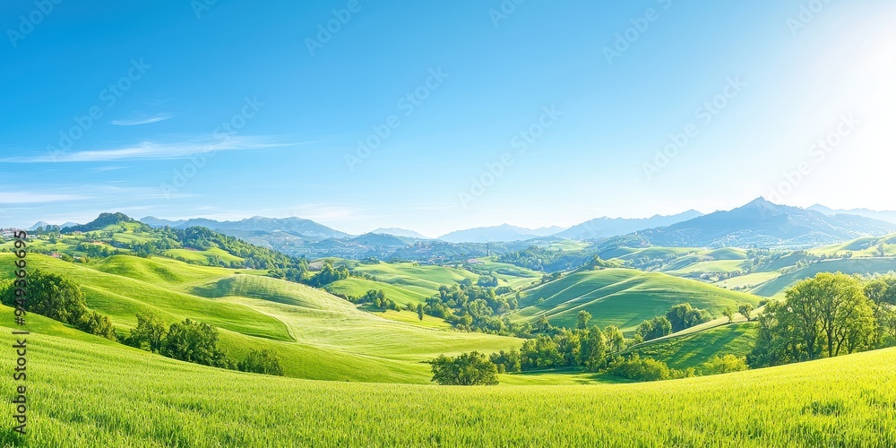 Rolling Hills Lush Green Landscape Scenic View Mountain Range Blue Sky Green Grass Rural Scenery Nature Background Rolling Hills Lush Green Landscape Scenic View Mountain Range Blue Sky Green Grass Rural Scenery Nature Background