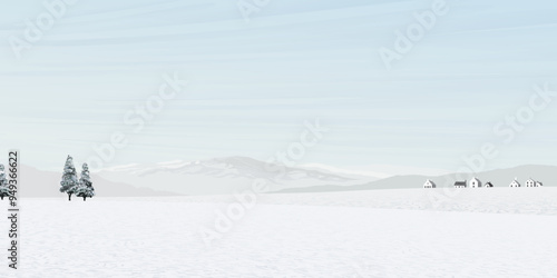 Minimalist winter landscape with small town graphic illustration. Merry Christmas and Happy New Year greeting card template have blank space.