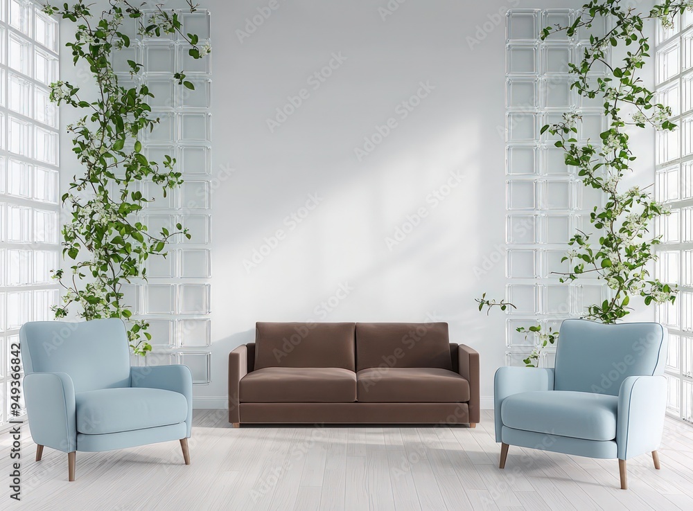 Simplified room with powder blue chairs, cocoa brown sofa, oak floor.