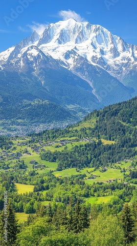 Majestic Mountain Peak Overlooking Verdant Valley and Village