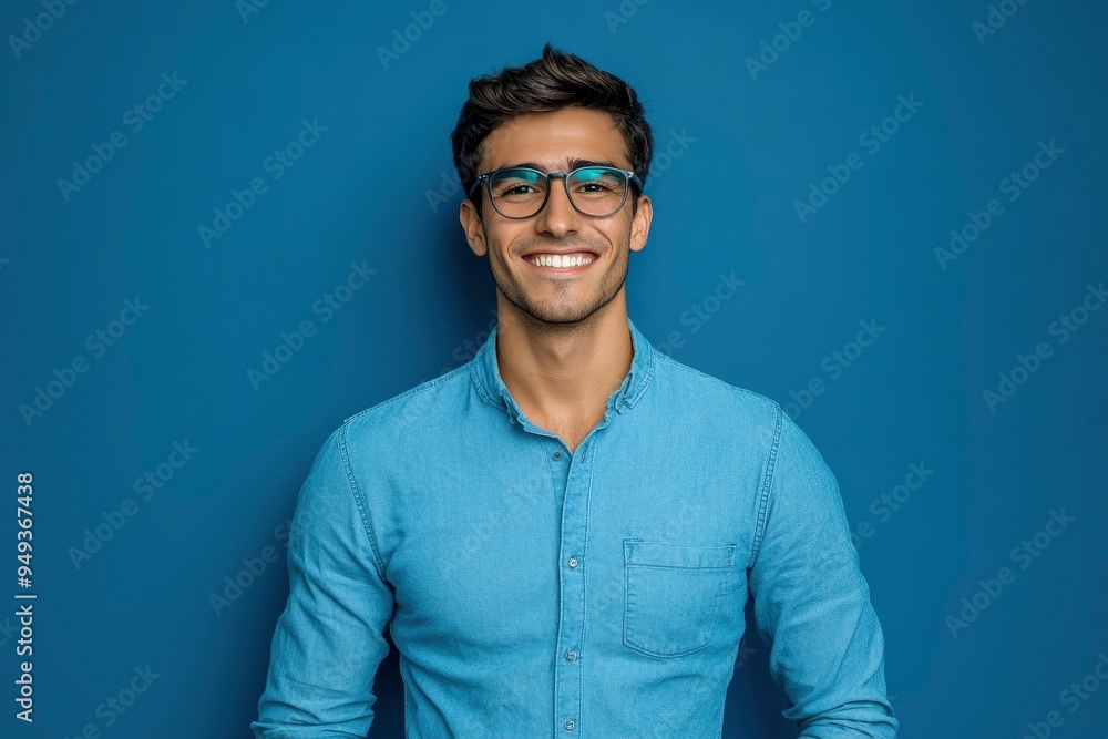 Portrait of young smiling latin man in blue shirt and glasses, feeling confident, isolated on blue background with generative ai Portrait of young smiling latin man in blue shirt and glasses, feeling confident, isolated on blue background with generative ai