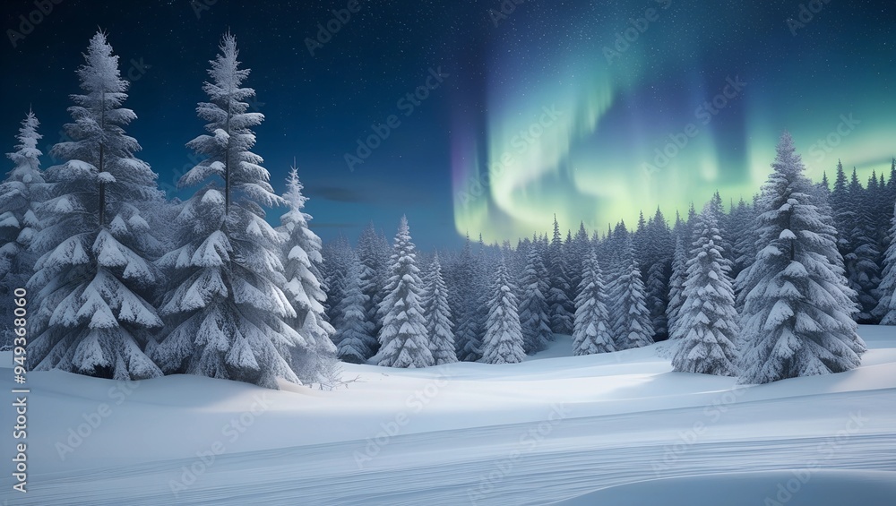 Enchanting Winter Night: Snow-Laden Forest and Fir Branches Under Starlit Sky Enchanting Winter Night: Snow-Laden Forest and Fir Branches Under Starlit Sky