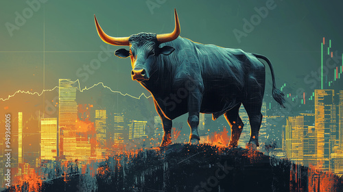 A massive, muscular bull with golden horns standing atop a mountain of stock market charts, concept art style, symbolizing financial growth